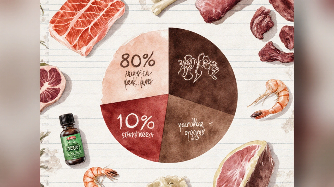 Круговая диаграмма из натуральных продуктов для сырой диеты кошки: мясо, кости, печень, сердце.