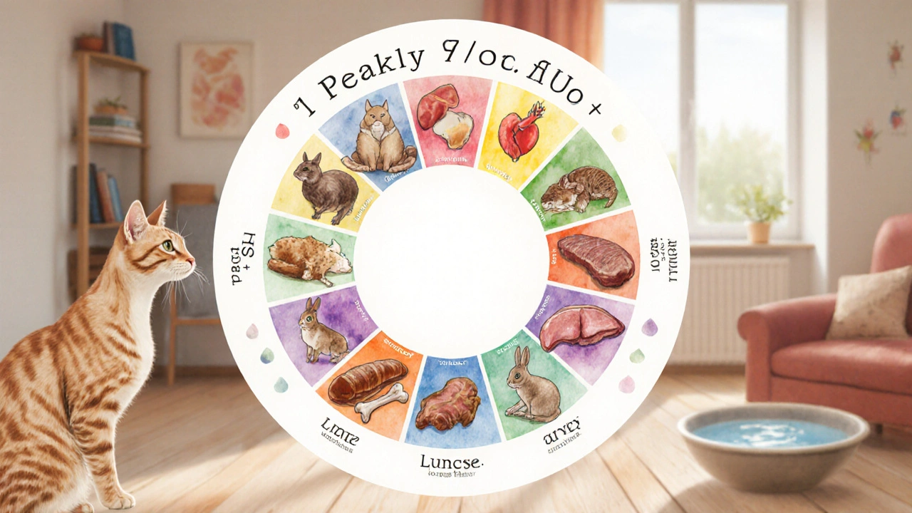 Круговая диаграмма с цветными порциями мяса для недельного рациона кошки, без текста, в стиле акварели.