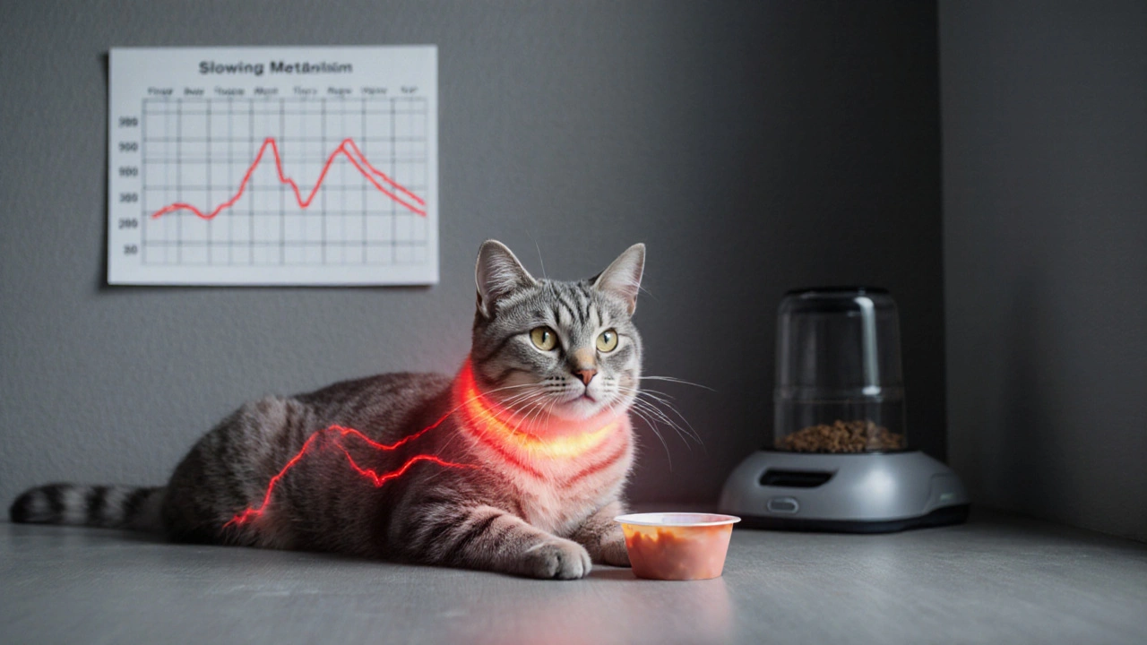 Пожилая кошка рядом с одним открытым пакетиком корма, на стене — график снижения веса.