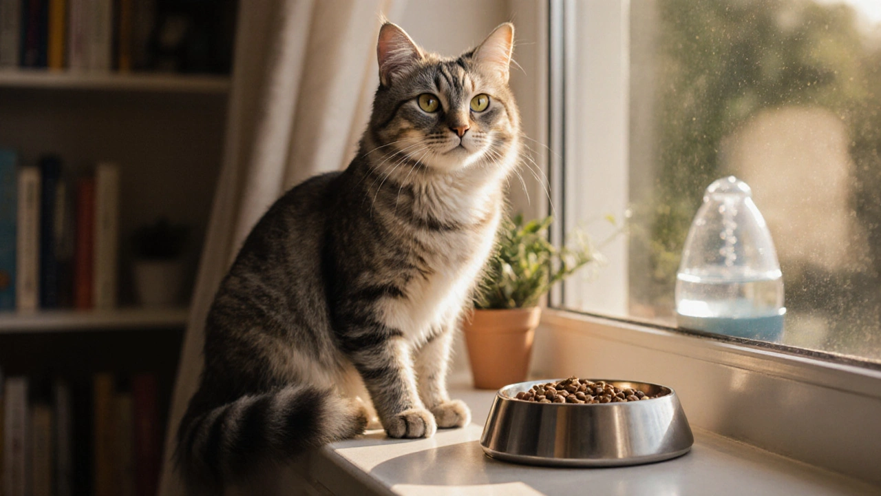 Пожилая кошка с блестящей шерстью на подоконнике, рядом миска с качественным кормом и фонтанчик для воды.