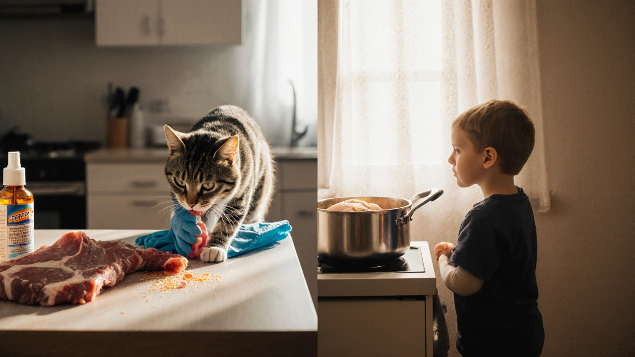 Разделенная кухня: слева — сырое мясо, справа — вареное с добавками, рядом ребенок.