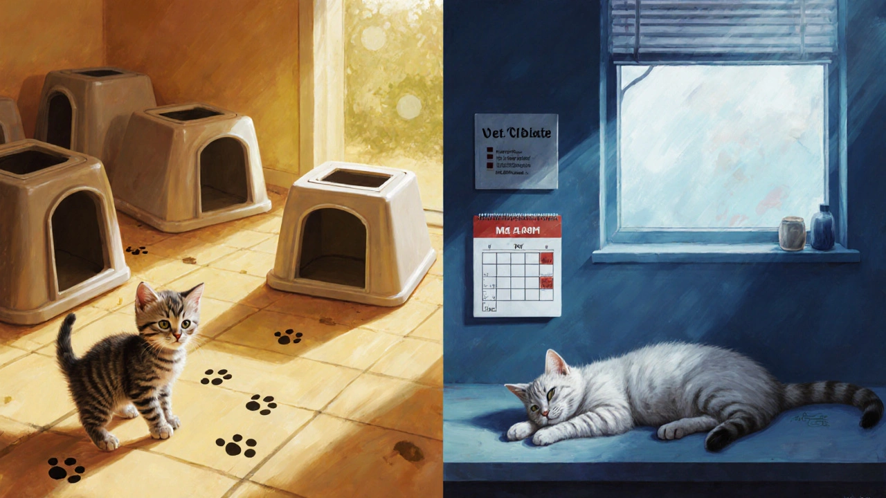 Разделенная сцена: котенок рядом с несколькими лотками, старый кот рядом с пустым лотком.