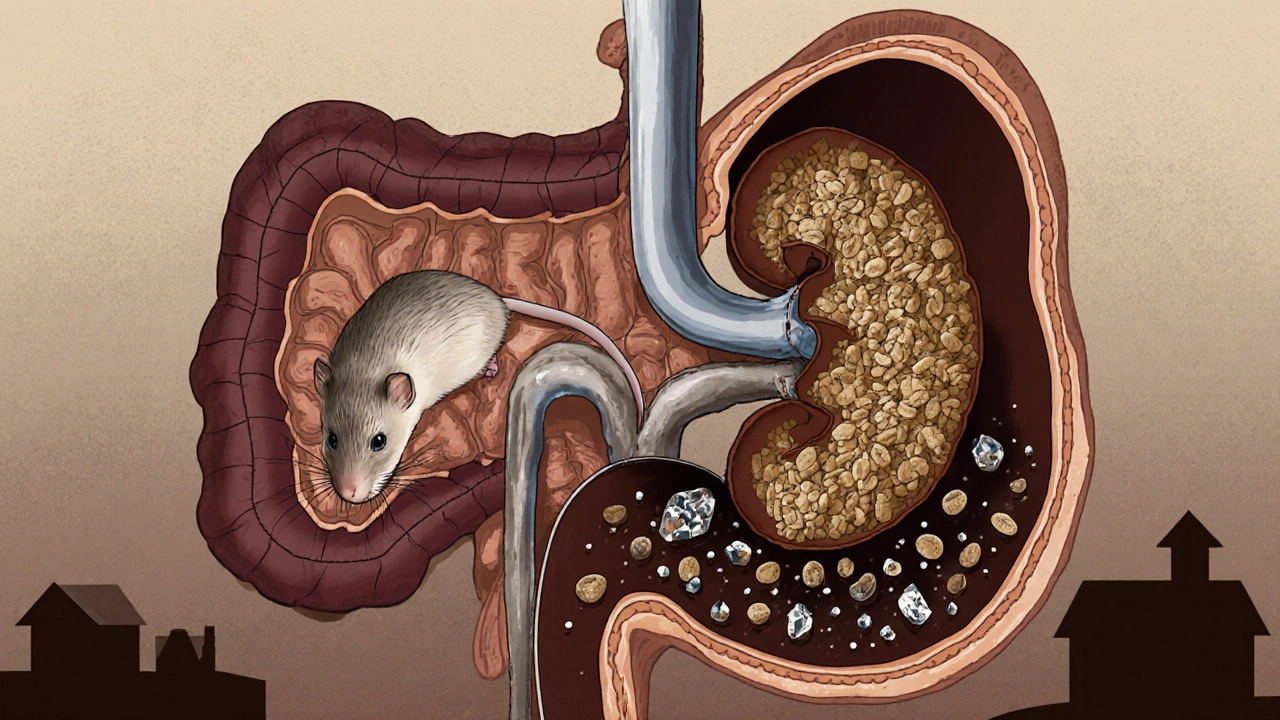 Разрез тела кошки: с одной стороны — мышь с водой, с другой — сухой корм с углеводами и добавками, тёмная моча с кристаллами.