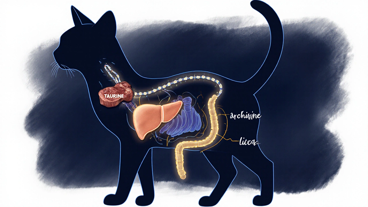 Схема пищеварительной системы кошки с потоками питательных веществ из мяса.