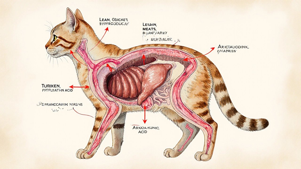Схема пищеварительной системы кошки с потоками полезных веществ из мяса.