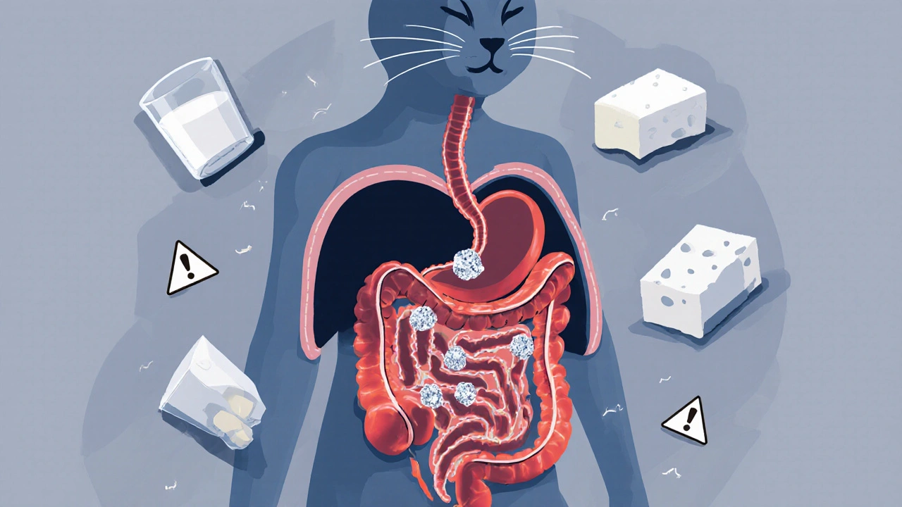Схема пищеварительной системы кошки с признаками непереносимости лактозы.