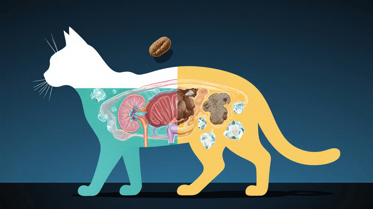 Схема внутренних органов кошки: здоровые с одной стороны, поврежденные камнями — с другой.