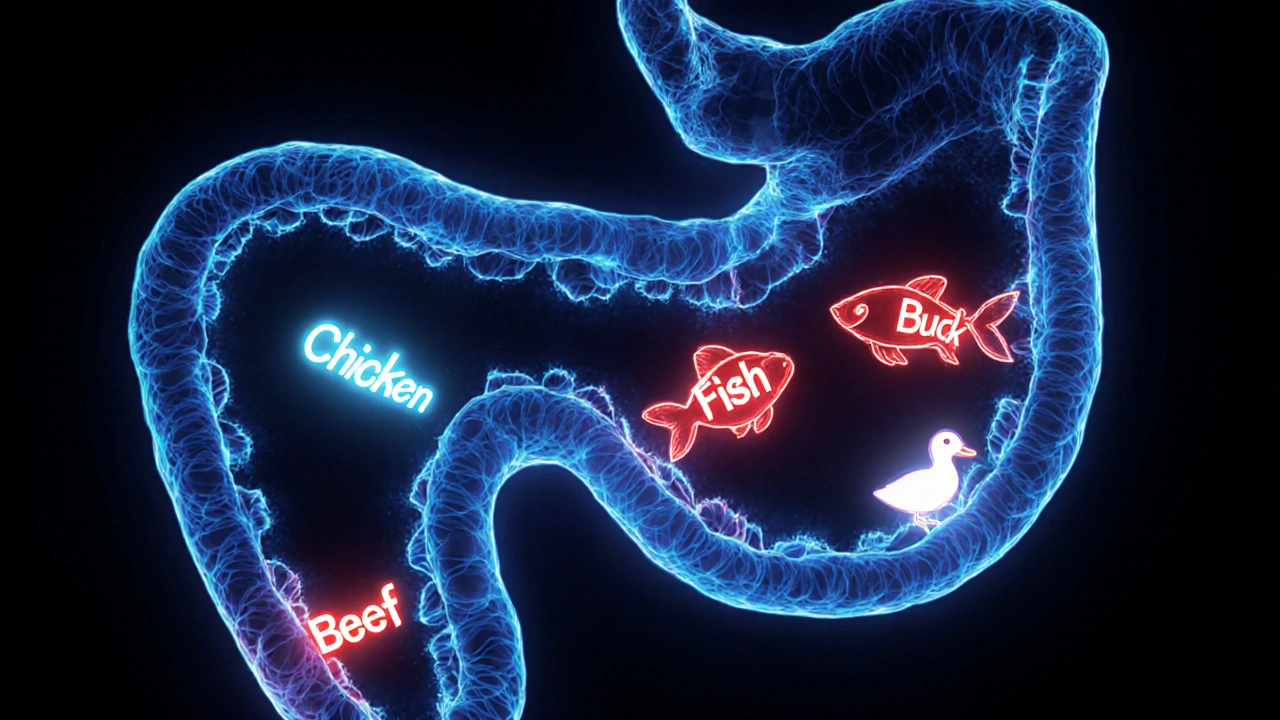 Схематичное изображение иммунной реакции кошки на аллергены в пище, с безопасным белком в центре.