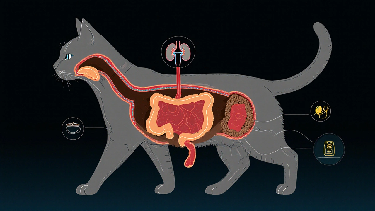 Схематичное изображение пищеварения кошки: полезное мясо против вредных углеводов.