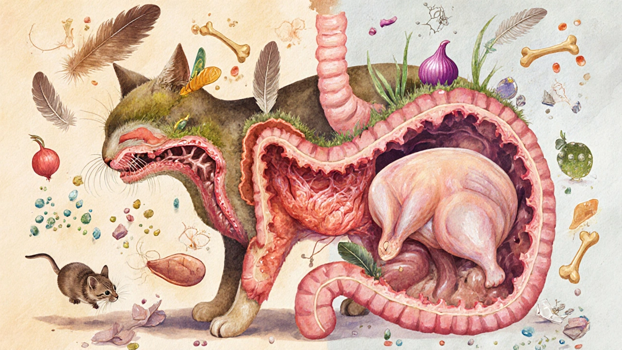 Схематичное изображение пищеварительного тракта кошки с сырым и варёным мясом, показывающее дефицит питательных веществ.