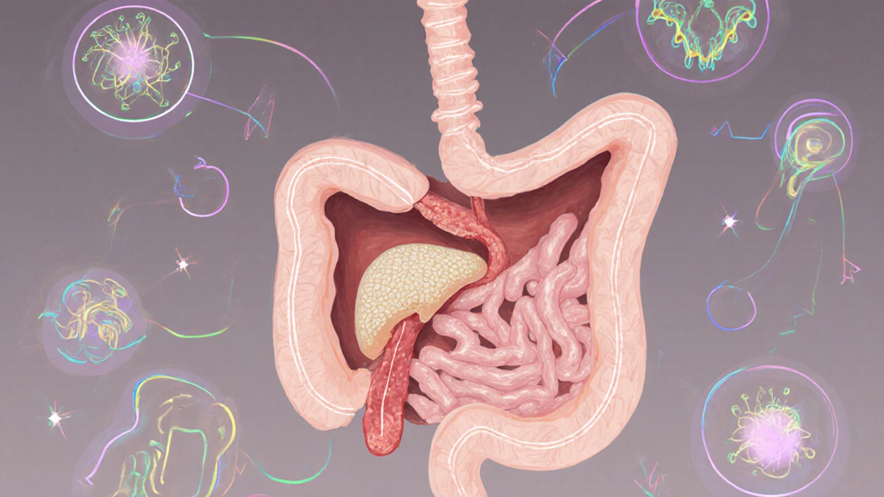 Схематичное изображение пищеварительного тракта кошки с зерном и молекулами таурина.