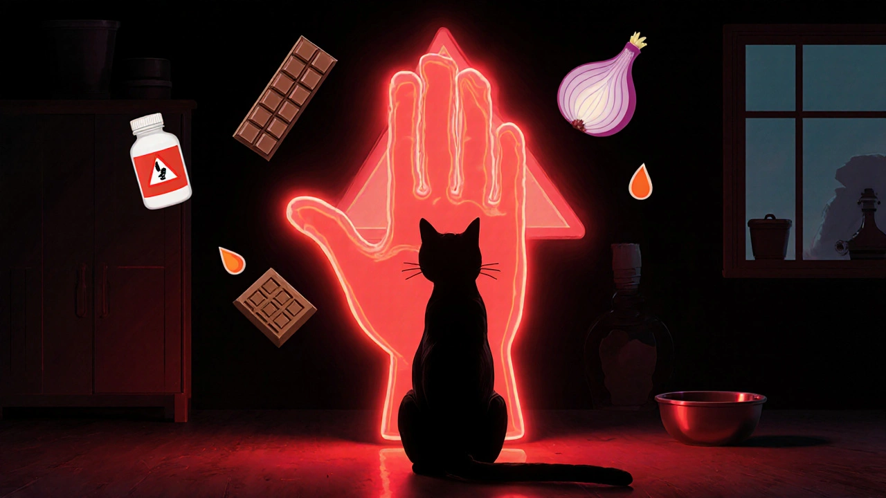 Силуэт кошки окружён символами опасных веществ: таблетки, антифриз, шоколад, лук.