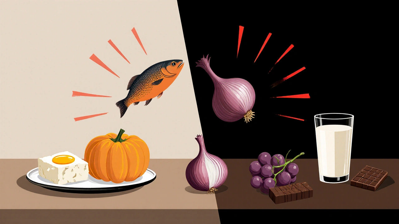 Слева — безопасные продукты для кошек, справа — ядовитые продукты.