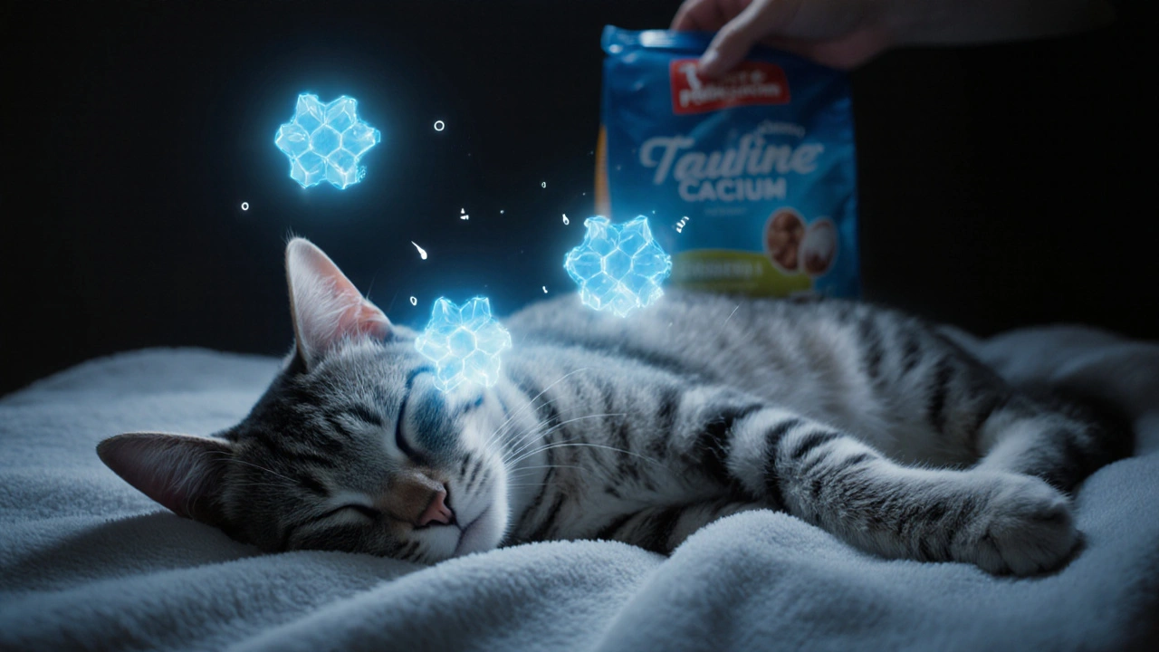 Спящий кот окружен светящимися питательными веществами из качественного корма.