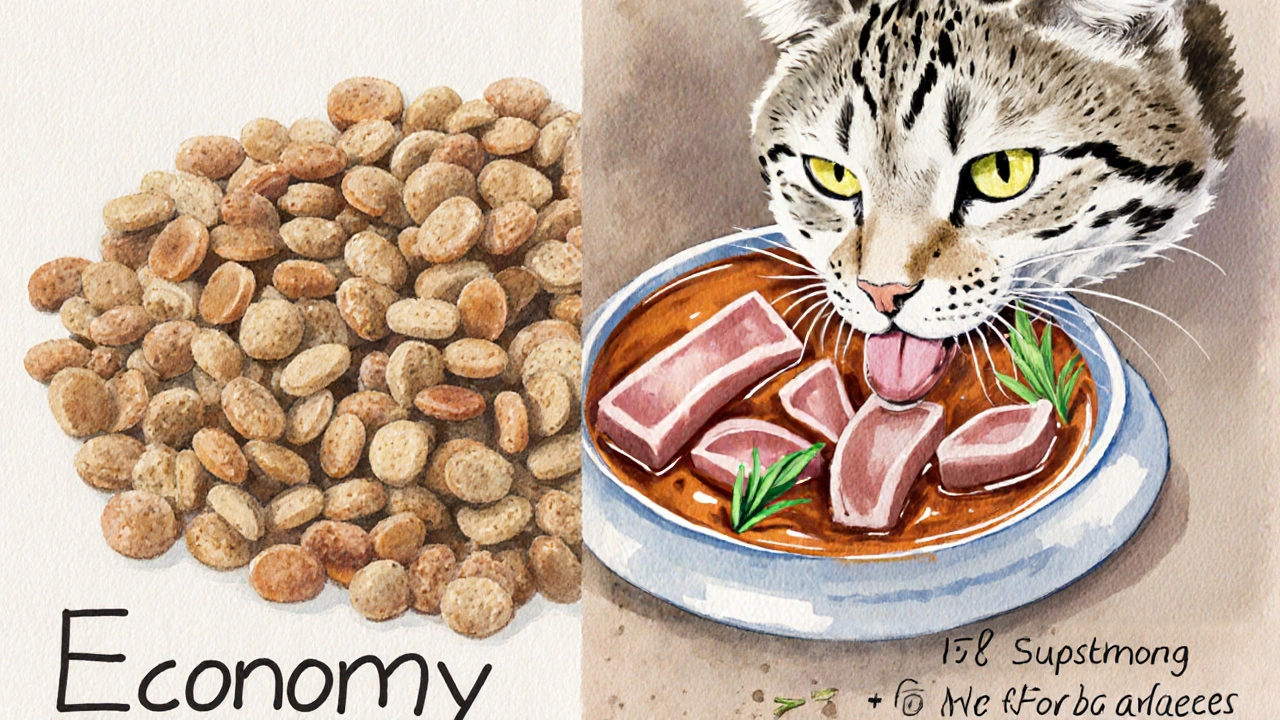 Сравнение дешевого корма с злаками и качественного влажного корма с мясом.