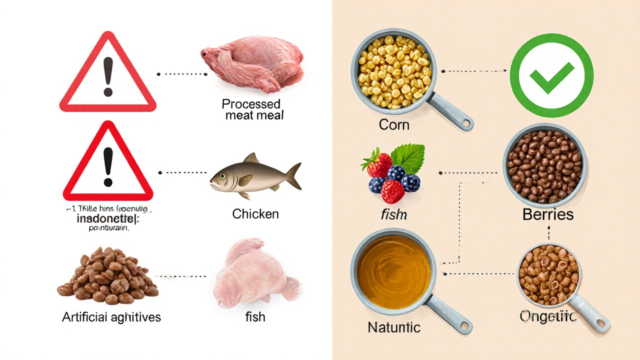 Сравнение ингредиентов корма: слева — переработанные добавки, справа — натуральные компоненты в виде целых продуктов.