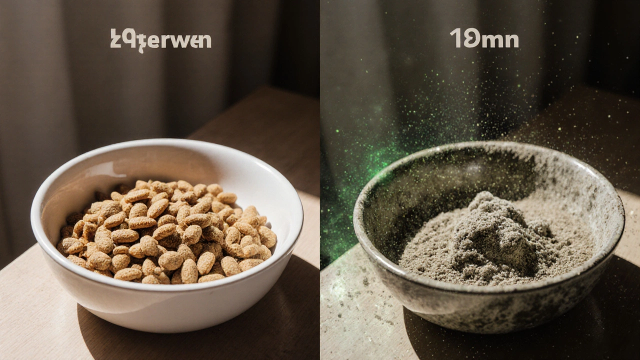 Сравнение свежего и испорченного сухого корма для кошки с видимыми признаками плесени.
