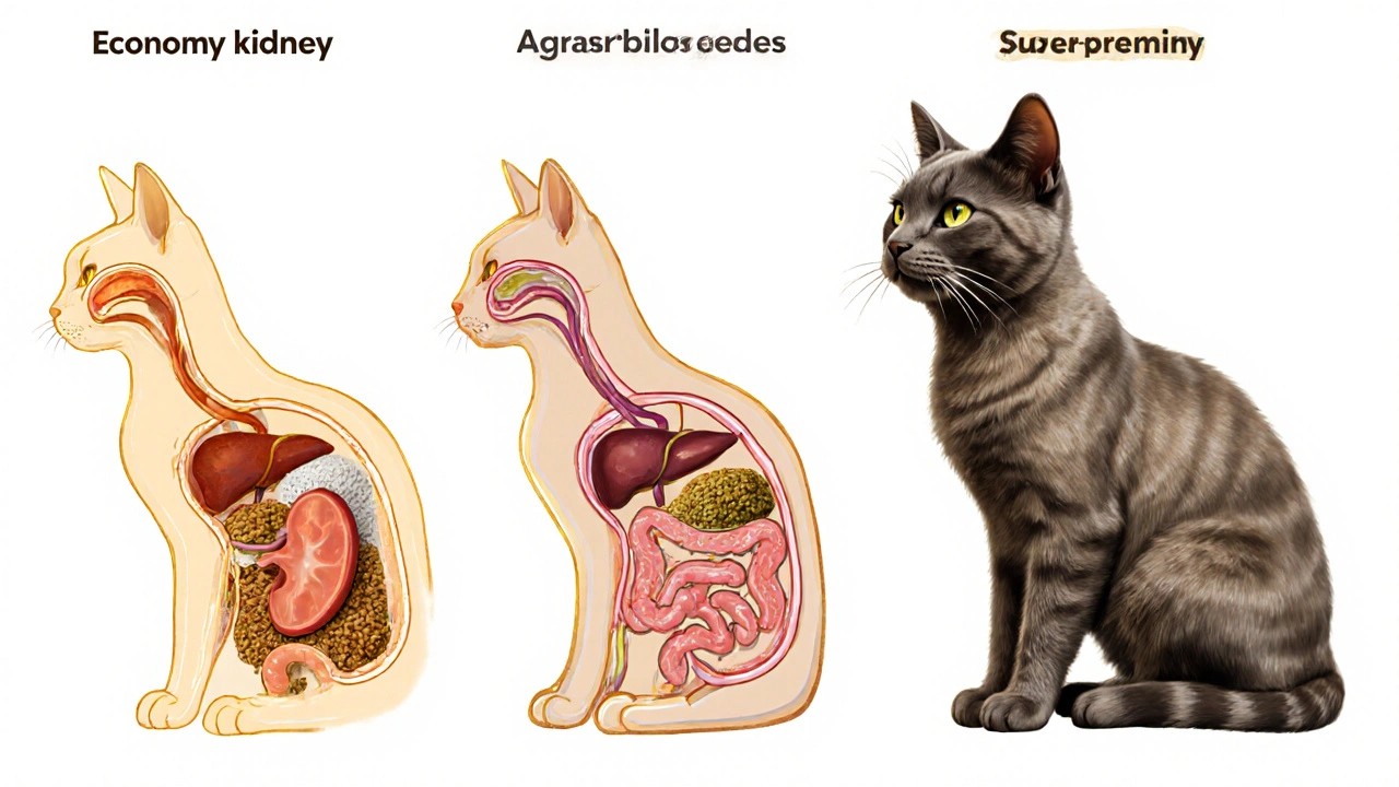 Сравнение внутреннего состояния кошки при питании разными классами корма: здоровые органы и больные органы