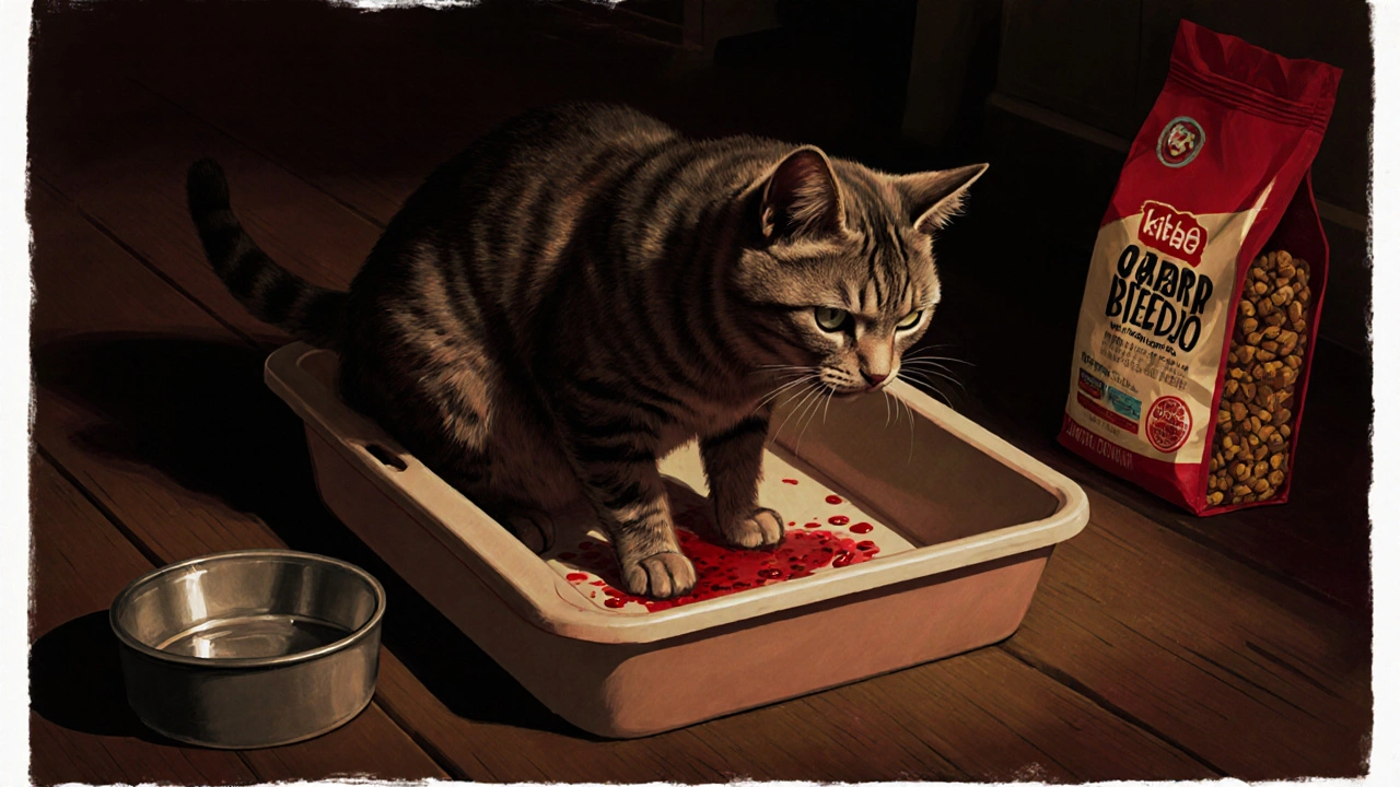 Страдающий кот в лотке, рядом разлитый дешевый корм и капли крови.