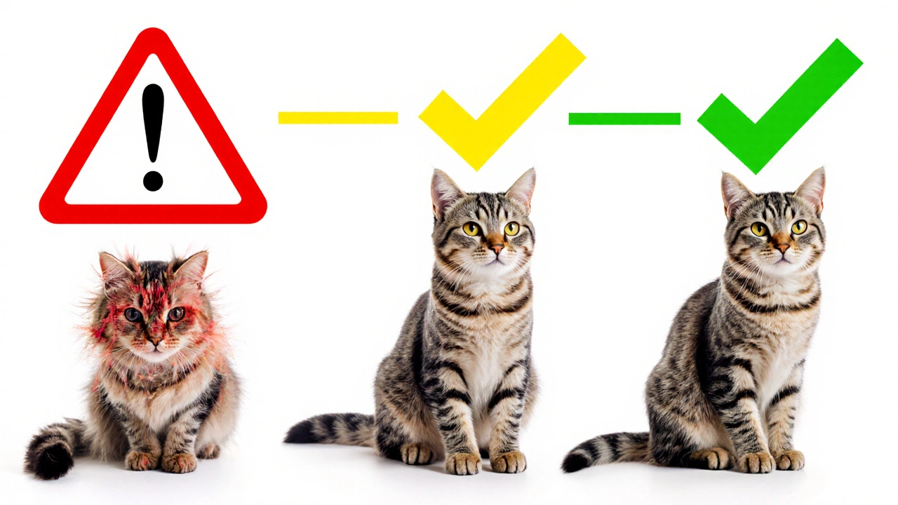 Три этапа: больная кошка → выздоравливающая → здоровая кошка с блестящей шерстью.