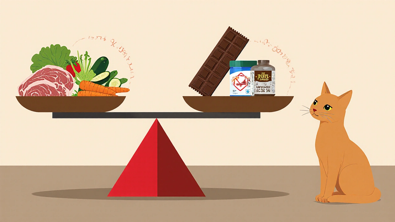 Весы сбалансированного рациона кошки: мясо и добавки против токсичного шоколада.