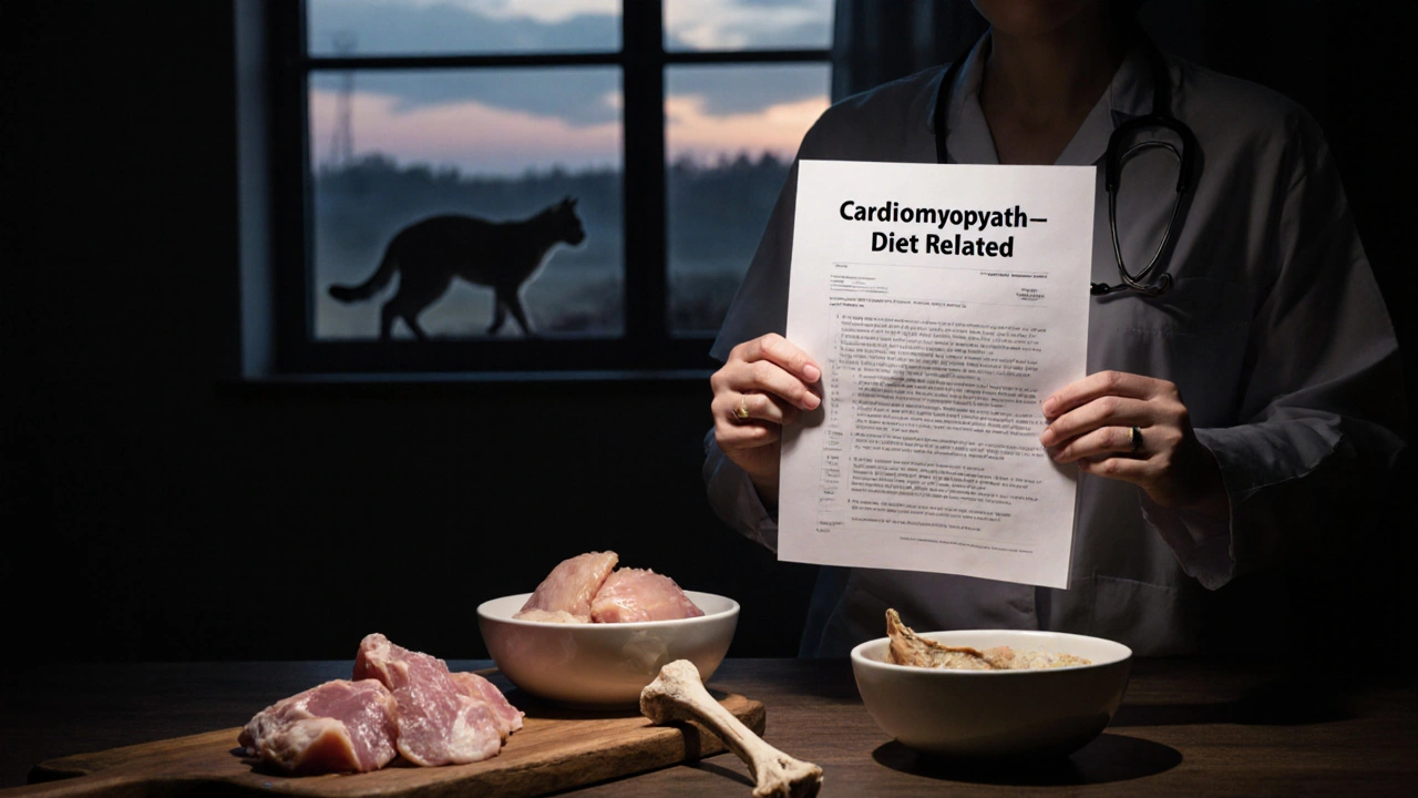 Ветеринар показывает два миски: сырая курица и отварная с костью, на фоне дикой кошки на закате.