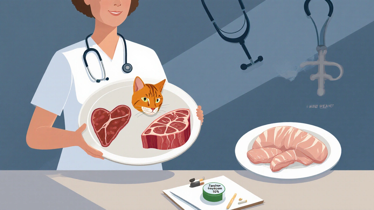 Ветеринар показывает сбалансированный рацион для кошки: мясо, печень, сердце и добавка.
