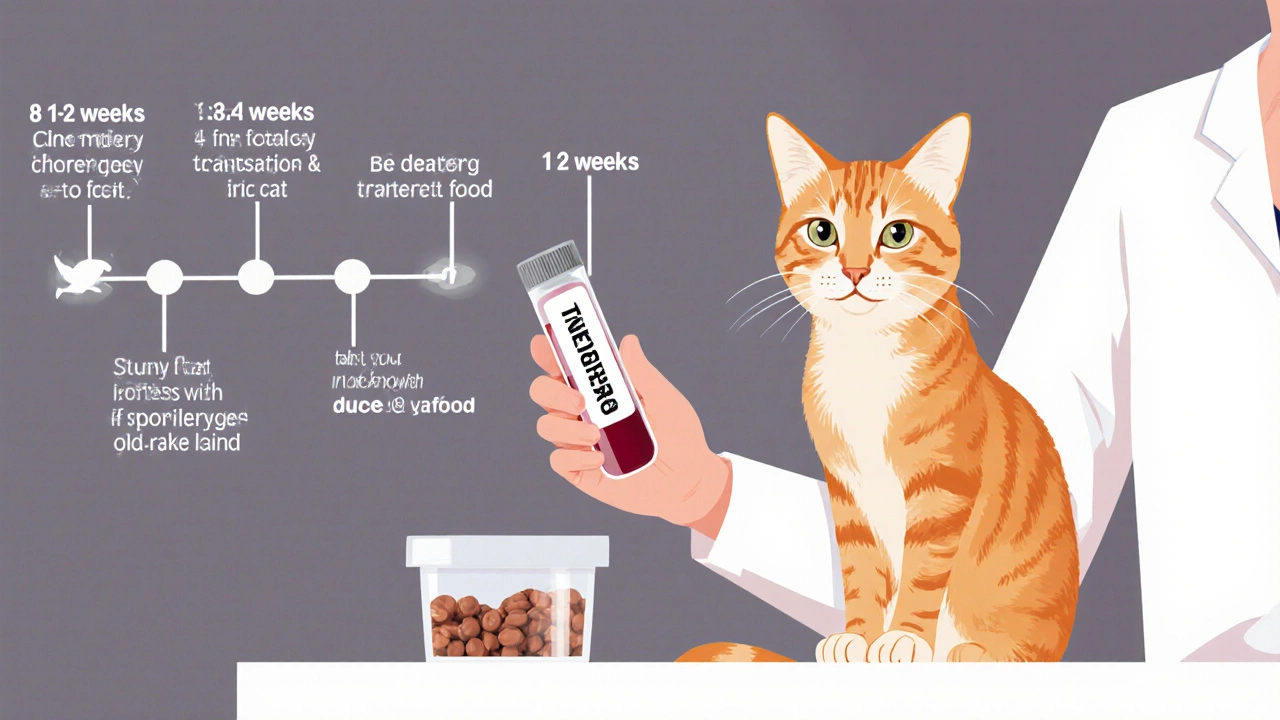 Ветеринар проверяет анализ крови кошки, на фоне — график перехода на гипоаллергенный корм.