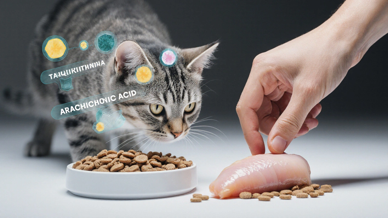 Ветеринар сравнивает натуральную еду и сбалансированный корм с нутриентами.