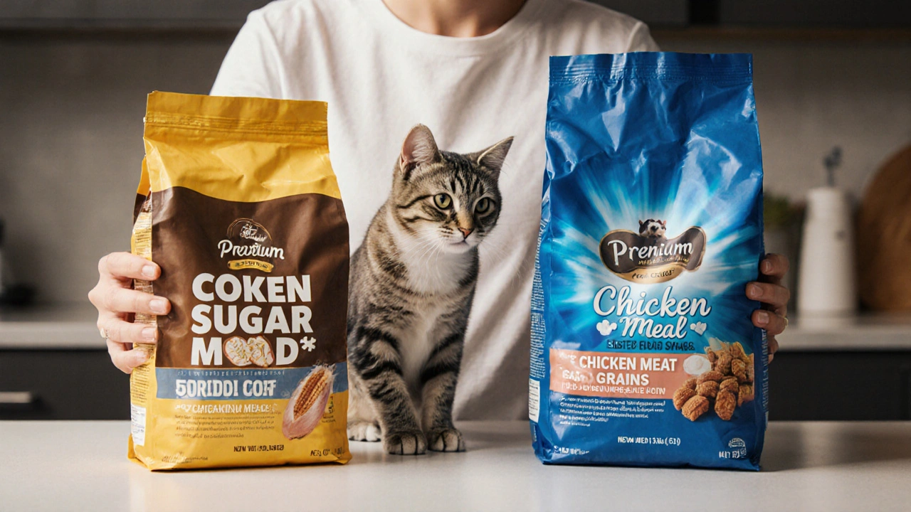 Владелец держит два пакета корма: один с злаками, другой — с мясом, кошка смотрит между ними.