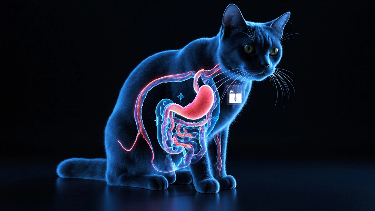 Внутреннее устройство кошки с признаками болезней: щитовидка, поджелудочная, паразиты.