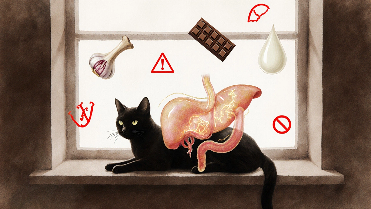 Внутренние органы кошки с изображением запрещённых продуктов вокруг, в стиле водяных красок.