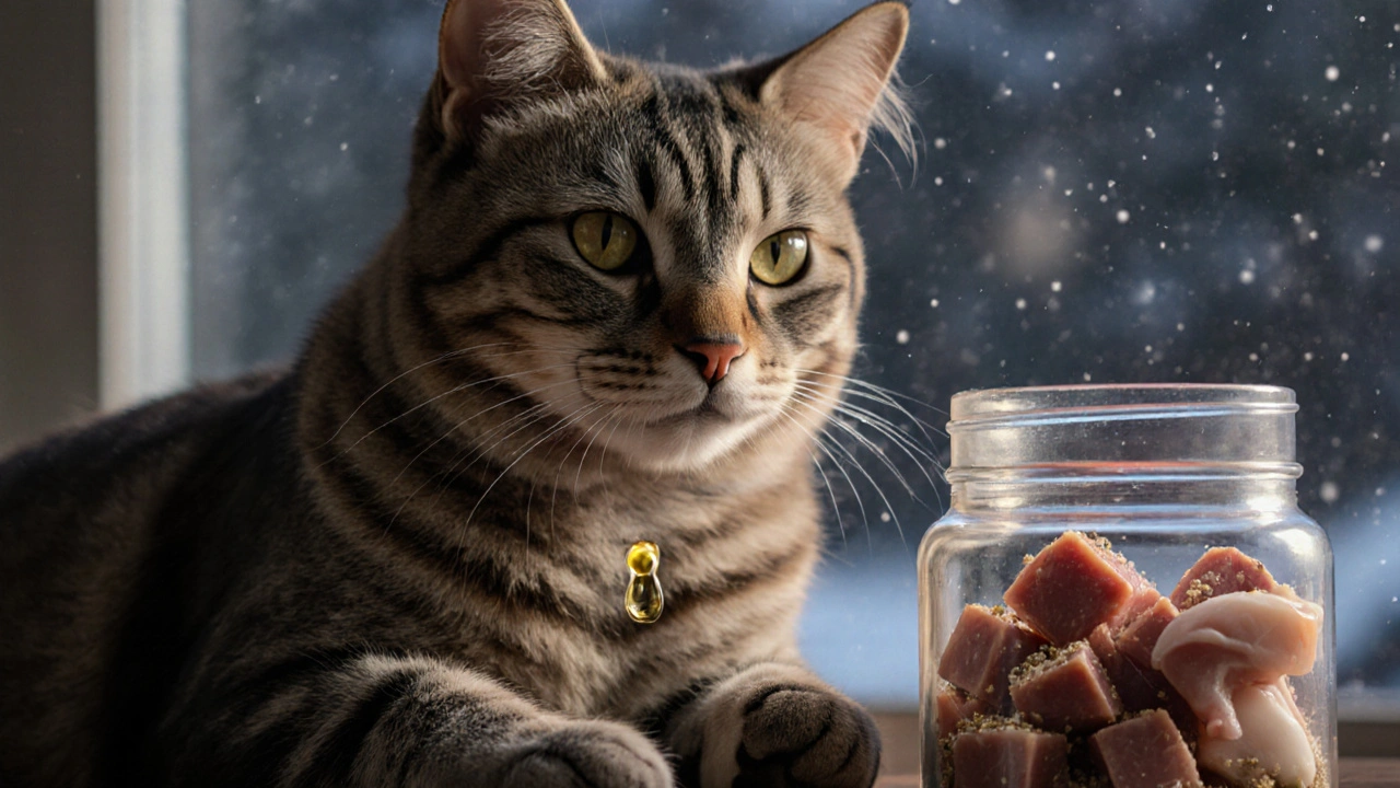 Здоровая кошка с блестящей шерстью стоит рядом с банкой сырого мяса и молотой яичной скорлупой, капля рыбьего жира на лапе.