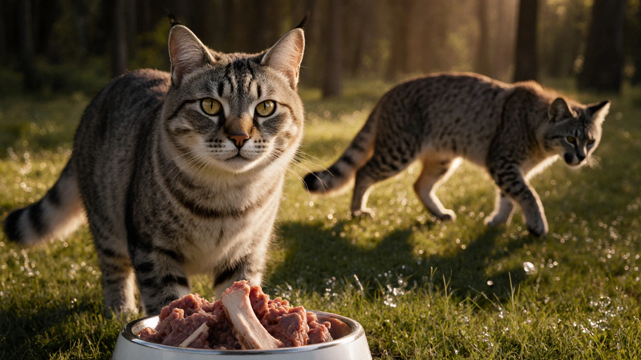Здоровая кошка стоит у миски с сырой пищей, за ней — силуэт дикой рыси в лесу.