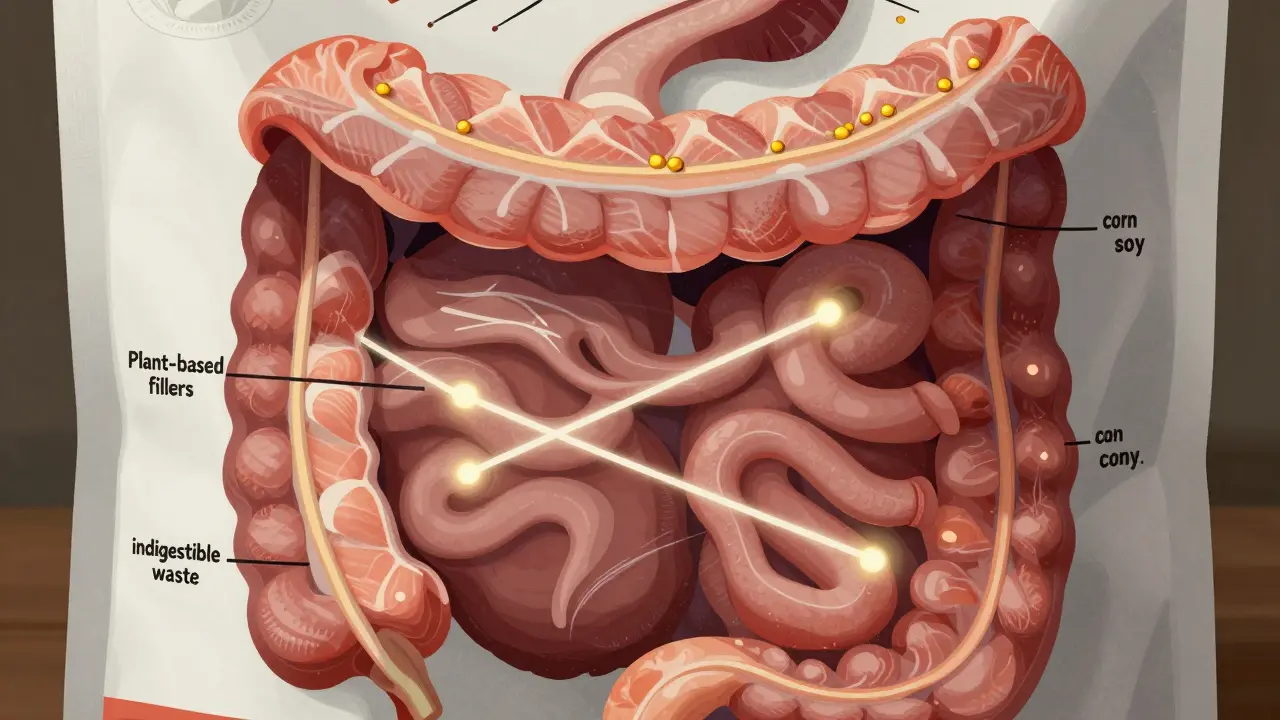 Анатомическая иллюстрация пищеварительной системы кошки с путями усвоения мяса и неперевариваемых наполнителей.