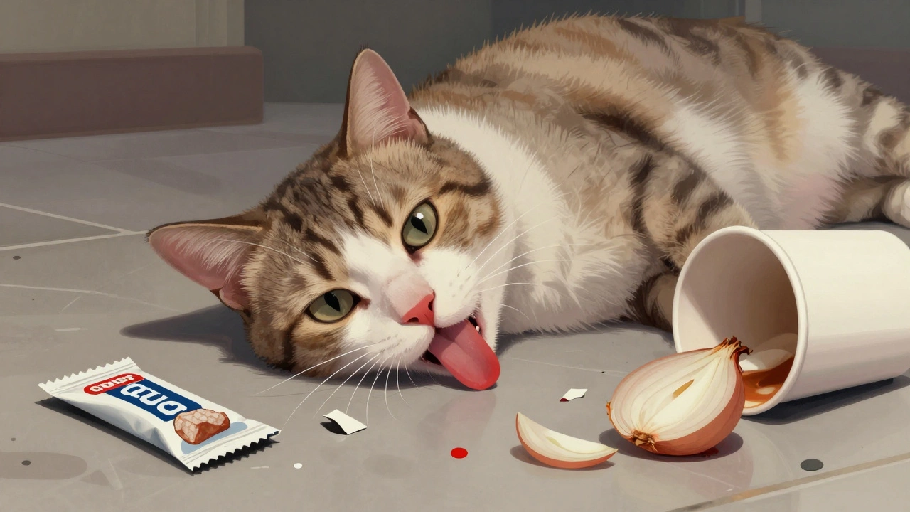 Бледная кошка лежит на полу, рядом — следы отравляющих веществ.