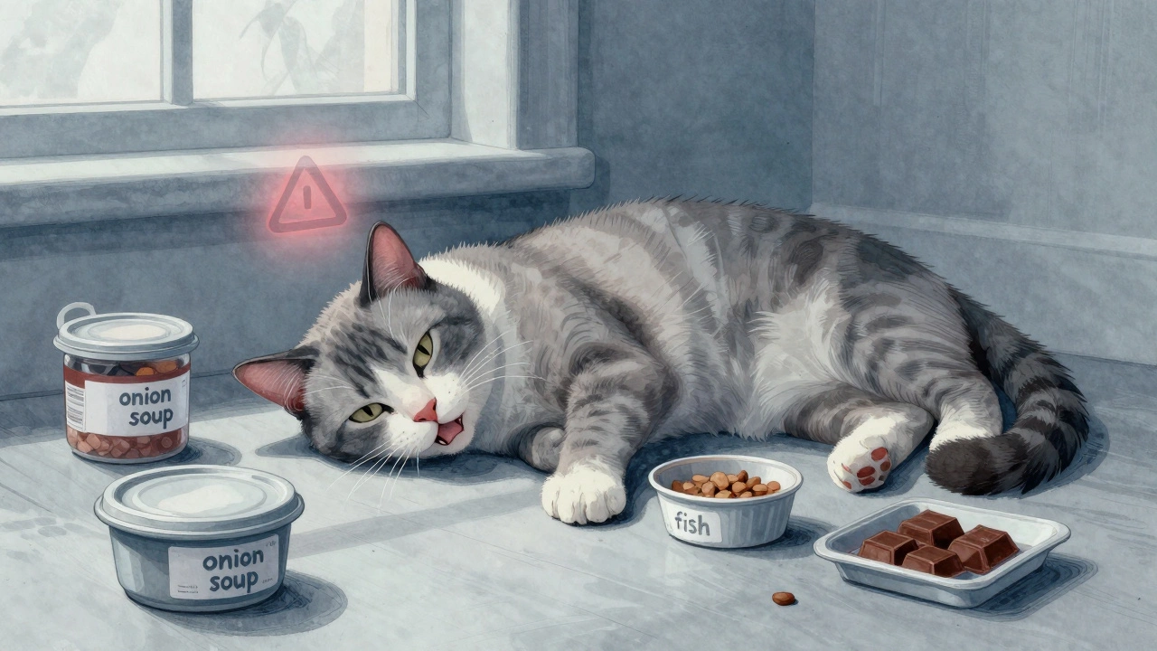 Бледный кот на полу с признаками отравления, вокруг — упаковки вредных продуктов.