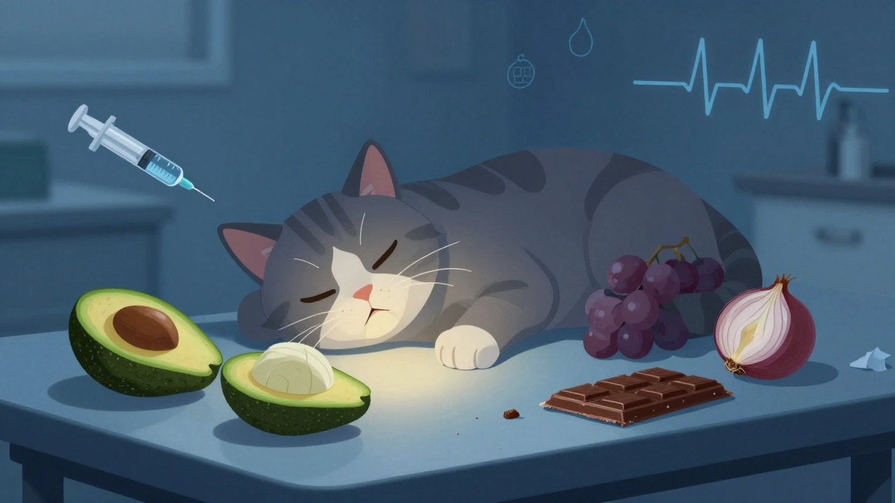 Больная кошка на ветеринарном столе, вокруг опасные продукты.