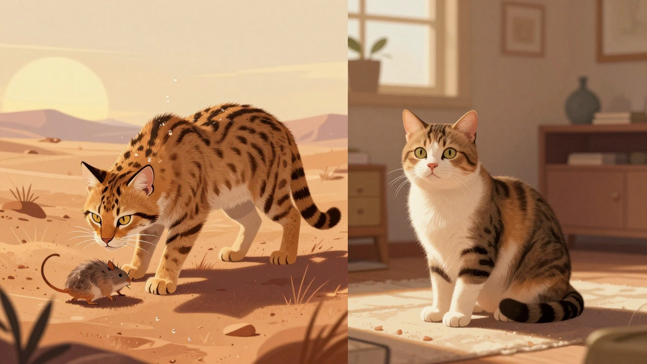 Дикая кошка охотится на мышь в пустыне, вода капает с добычи.