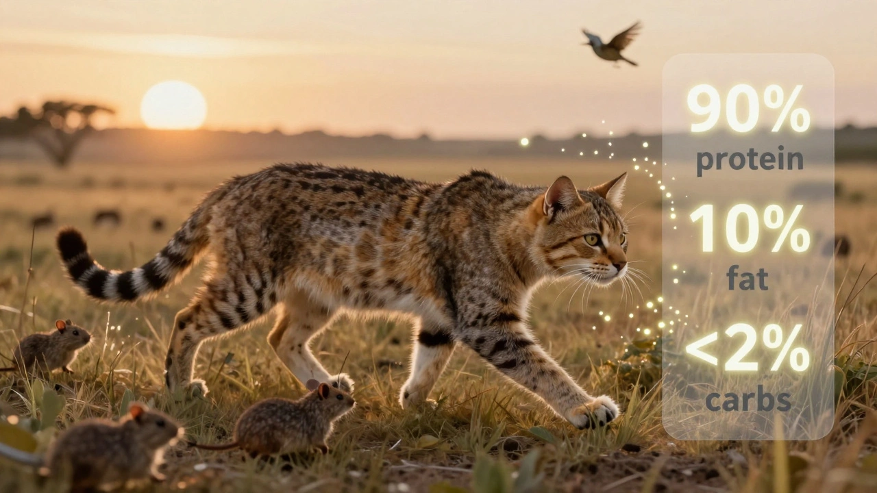 Дикая кошка охотится в степи, вокруг — мыши и птицы, с накладкой состава питания.