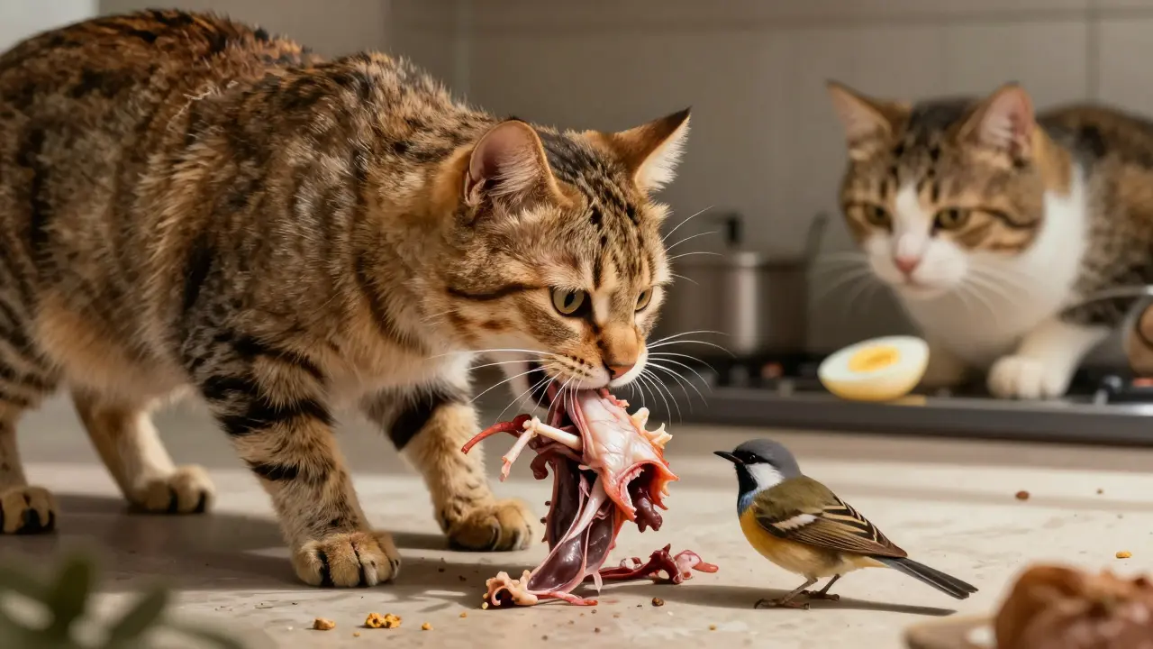Дикая кошка поедает всю добычу, включая кости и внутренности.