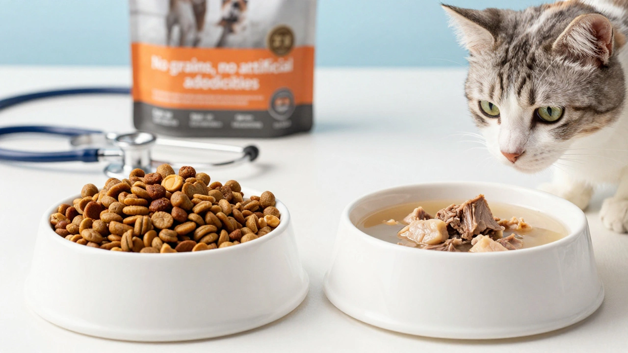 Два миски: сухой и влажный корм, кошка смотрит между ними.