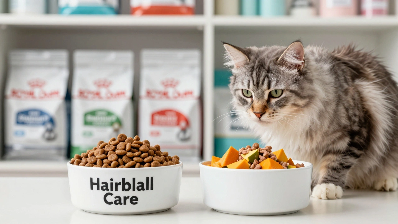 Две миски с кормом — грубый сухой и влажный с тыквой — рядом с кошкой, которая колеблется.