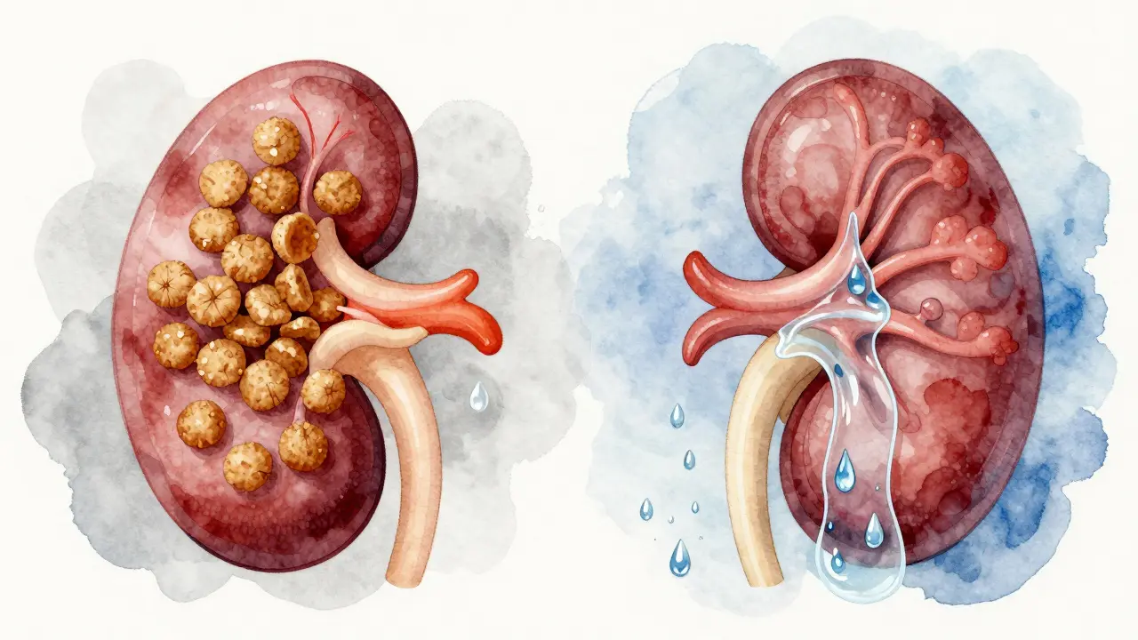 Художественное изображение почек кошки с сравнением влияния сухого и влажного корма.