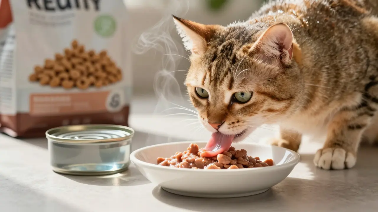 Кошка ест влажный корм, рядом — чистая миска с водой и неприкосновенный сухой корм.