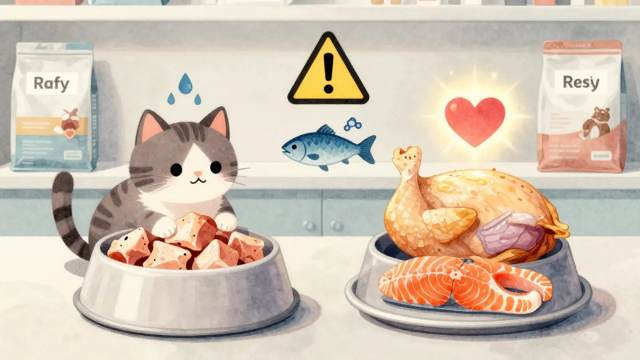 Кошка колеблется между курицей и лососем, символы риска и пользы вокруг.