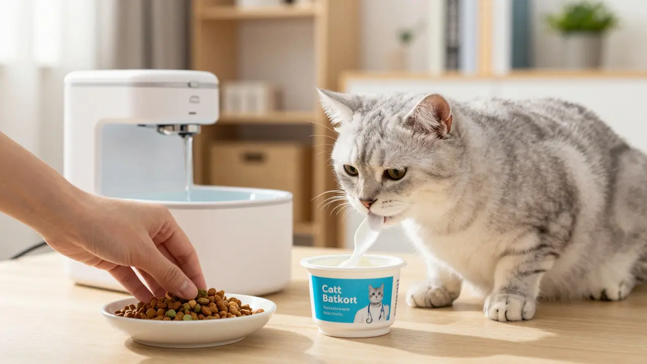 Кошка лакает специальный безлактозный йогурт, человек кладет сухой корм в миску, вода течет в фоне.