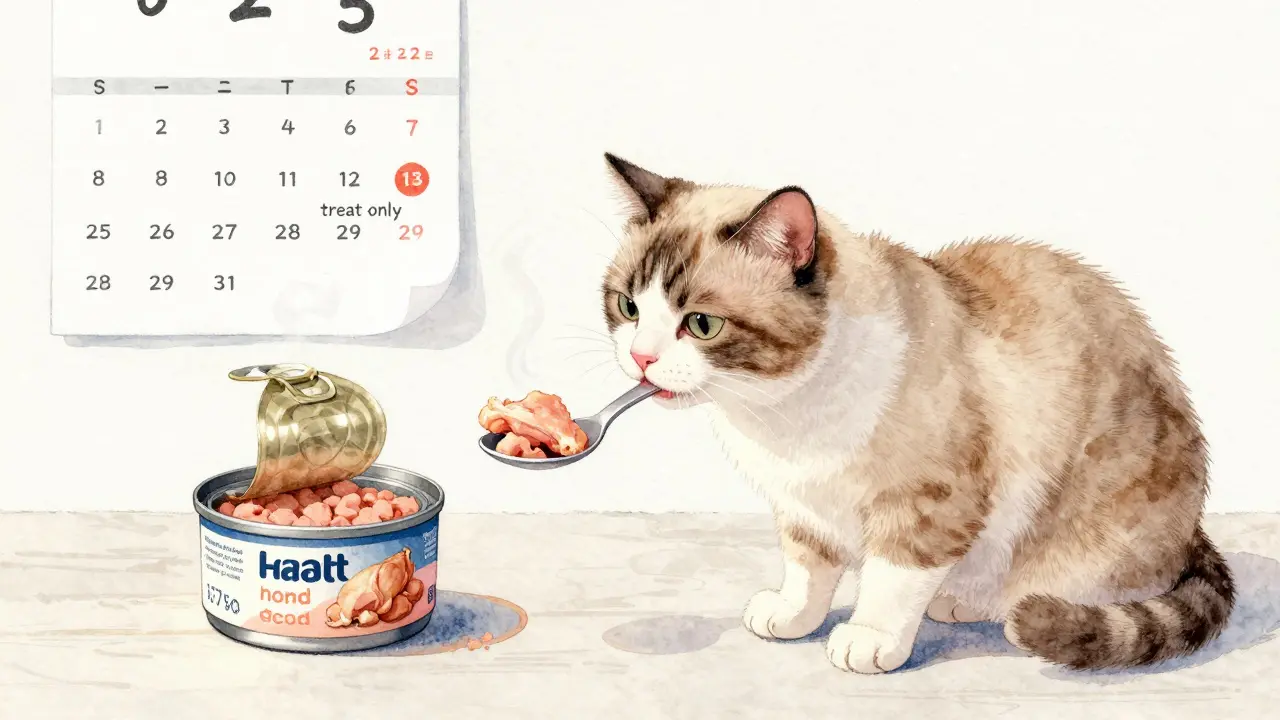 Кошка лизает кусочек курицы с ложки, рядом — открытая баночка влажного корма.