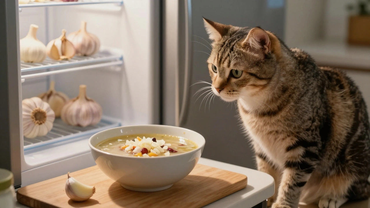 Кошка наблюдает за супом с чесноком на столе, открытый холодильник позади.