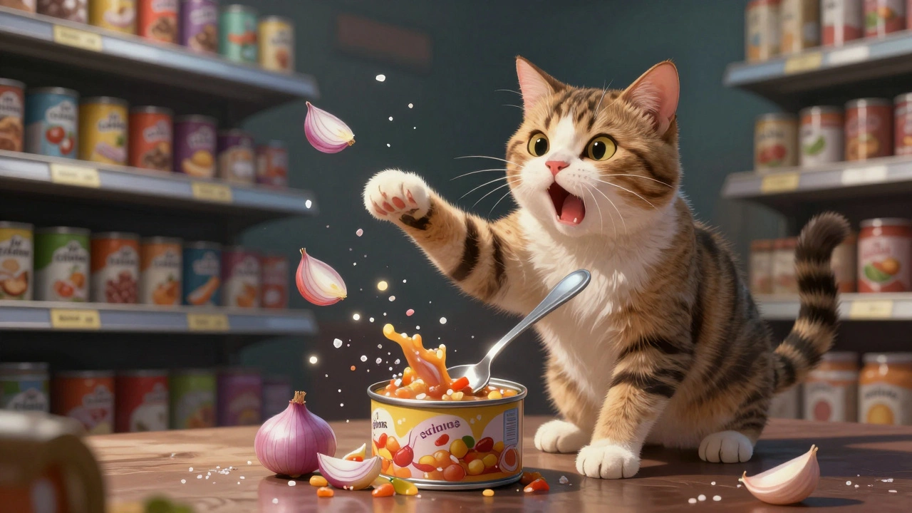 Кошка отпрыгивает от разлитого консервированного супа с луком и солью.